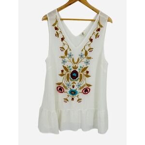 Entro White Embroidered V Neck Sleeveless Peplum Top Women XL